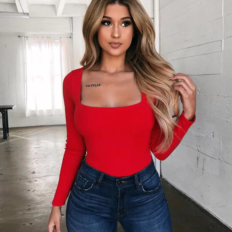 Slim Fit Long Sleeve Square Neck Women's T-Shirt