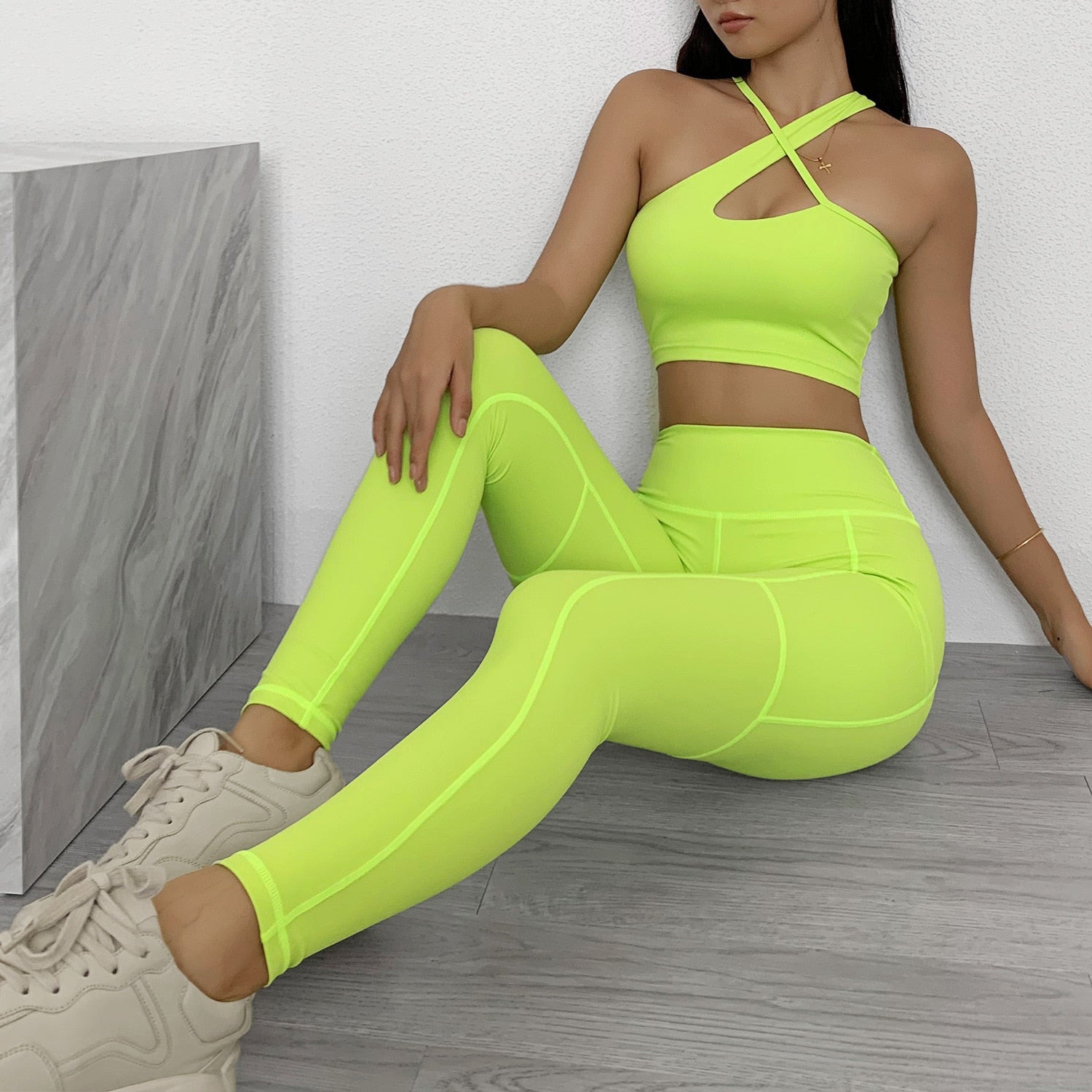 Seamless Yoga Gym Set Padded Push-up Sports One Shoulder Bra Leggings