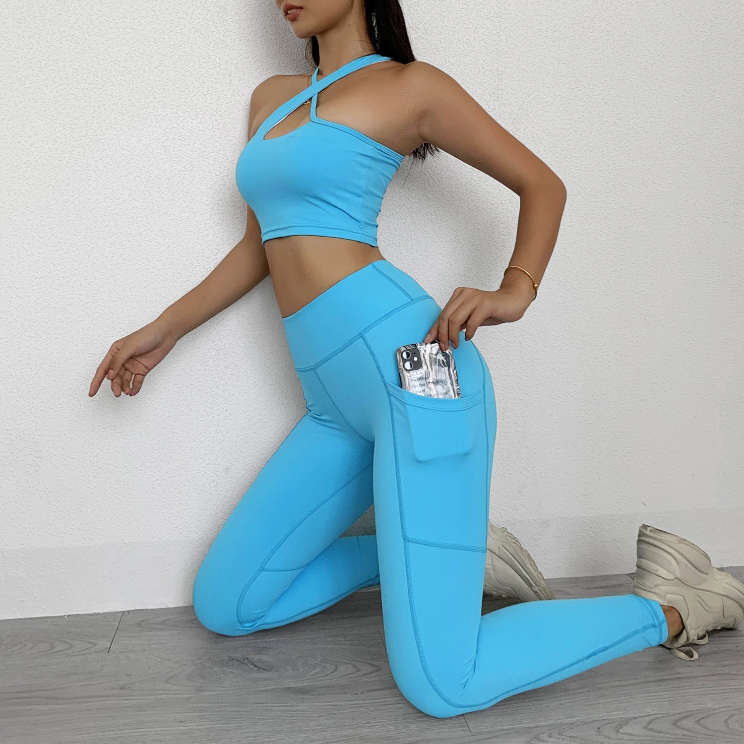 Seamless Yoga Gym Set Padded Push-up Sports One Shoulder Bra Leggings